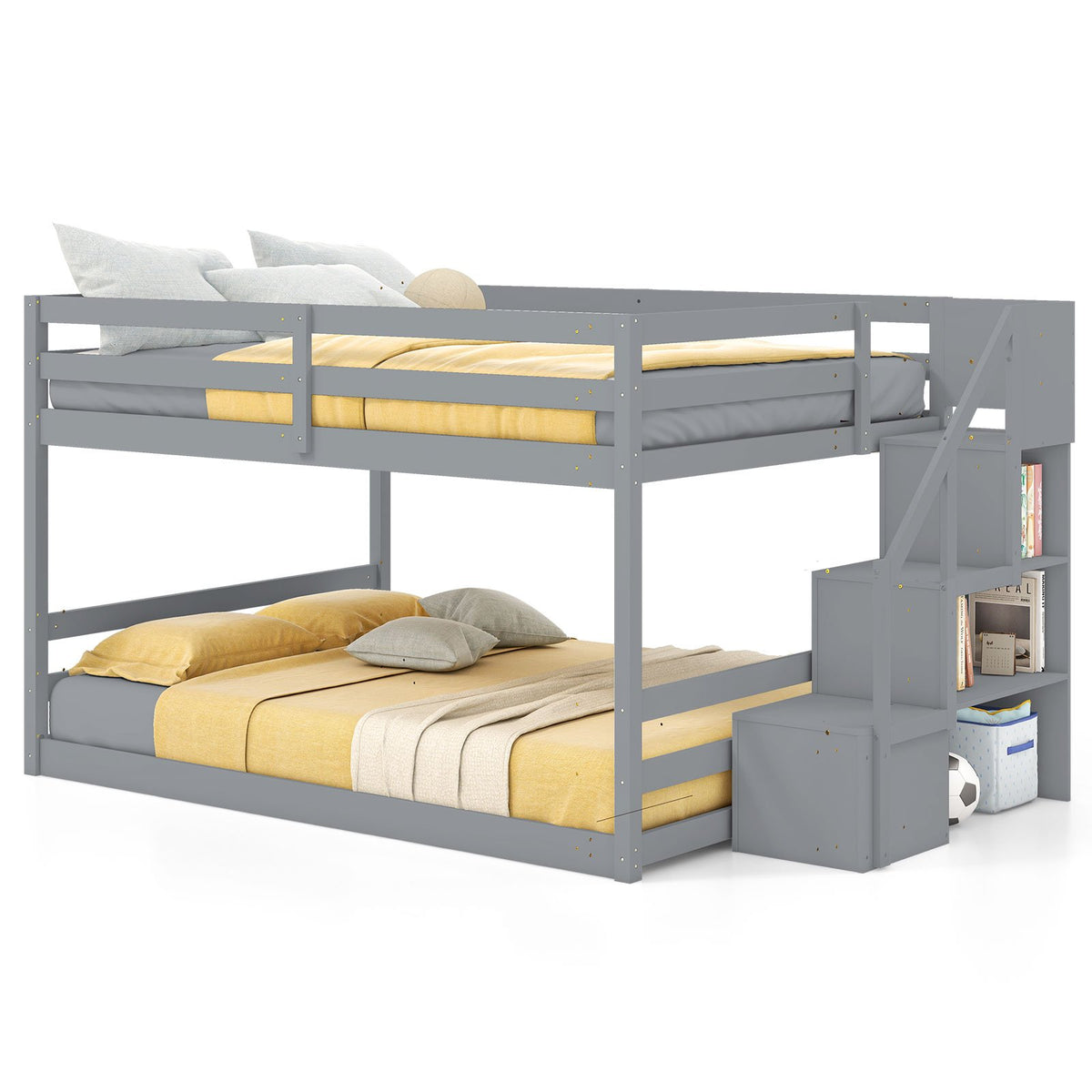 Solid Wood Full Over Full Low Bunk Bed with Storage Stairs-Gray view 4