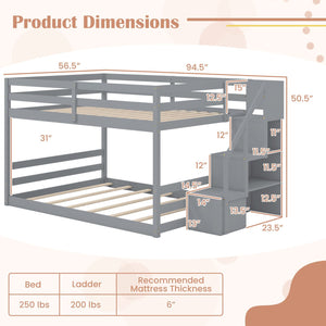 Solid Wood Full Over Full Low Bunk Bed with Storage Stairs-Gray view 5