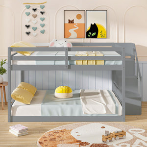 Solid Wood Full Over Full Low Bunk Bed with Storage Stairs-Gray view 6