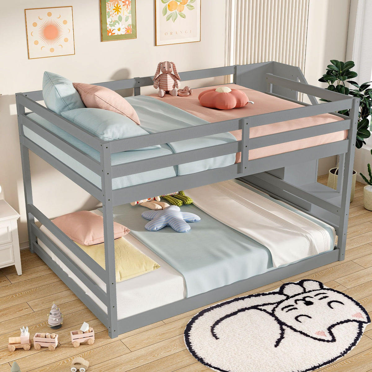 Solid Wood Full Over Full Low Bunk Bed with Storage Stairs-Gray view 7