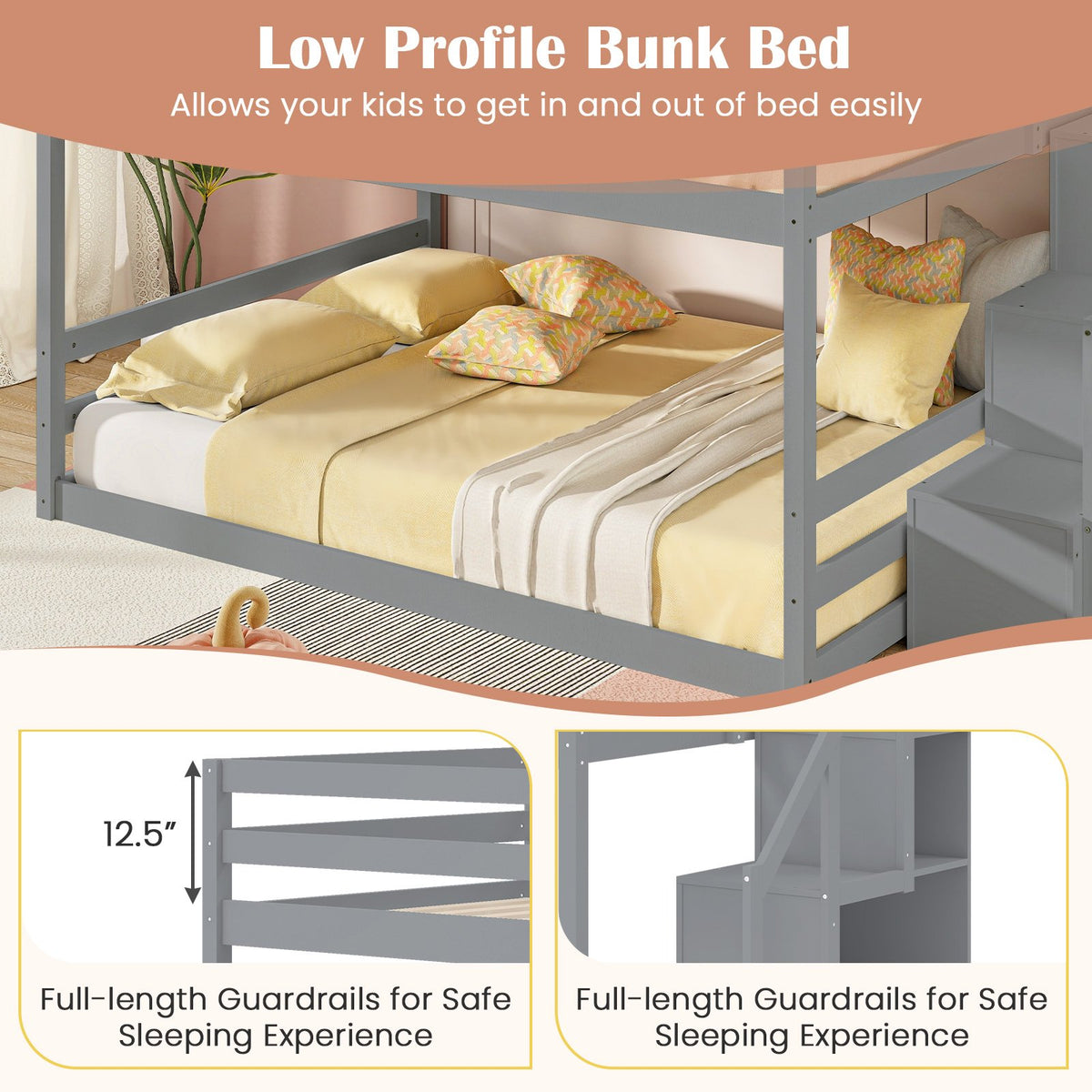 Solid Wood Full Over Full Low Bunk Bed with Storage Stairs-Gray view 8
