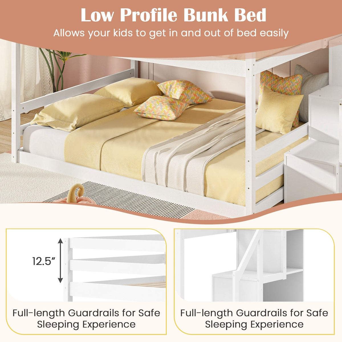 Solid Wood Full Over Full Low Bunk Bed with Storage Stairs-White view 6