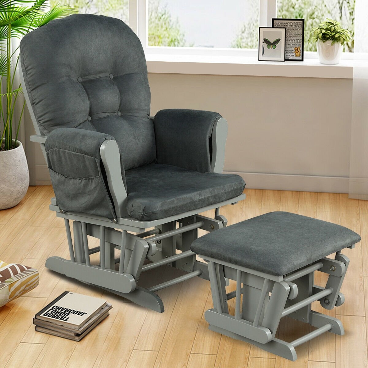 Wood Glider and Ottoman Set with Padded Armrests and Detachable Cushion-Dark Gray view 2
