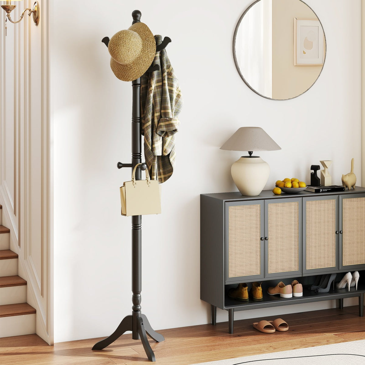 Solid Wood Hall Tree with 11 Hooks and 3 Height Options for Entryway-Black view 2