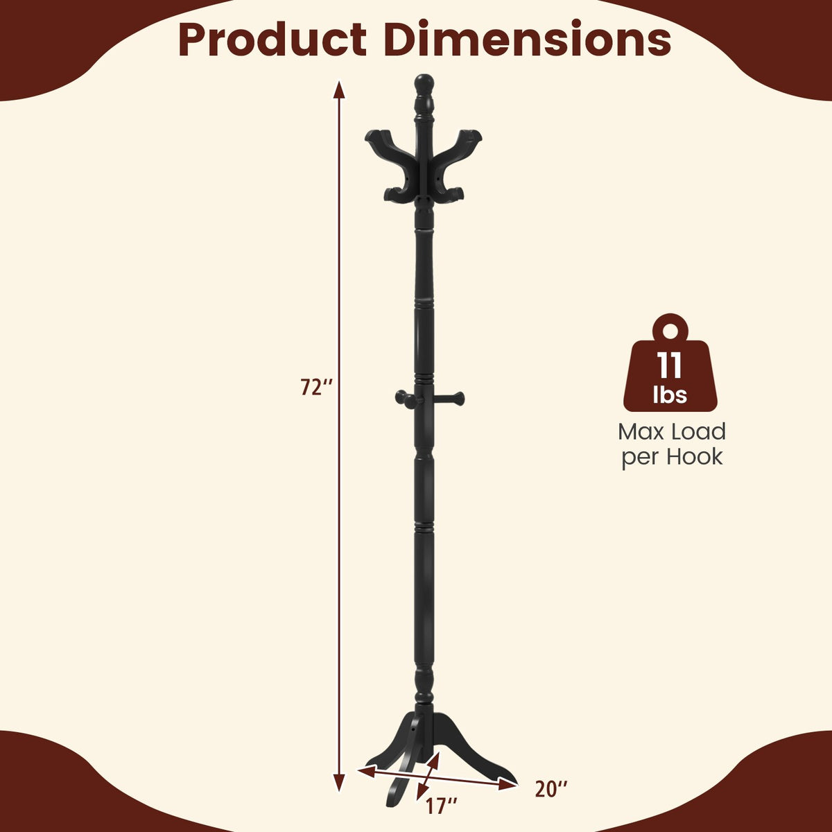 Solid Wood Hall Tree with 11 Hooks and 3 Height Options for Entryway-Black view 5