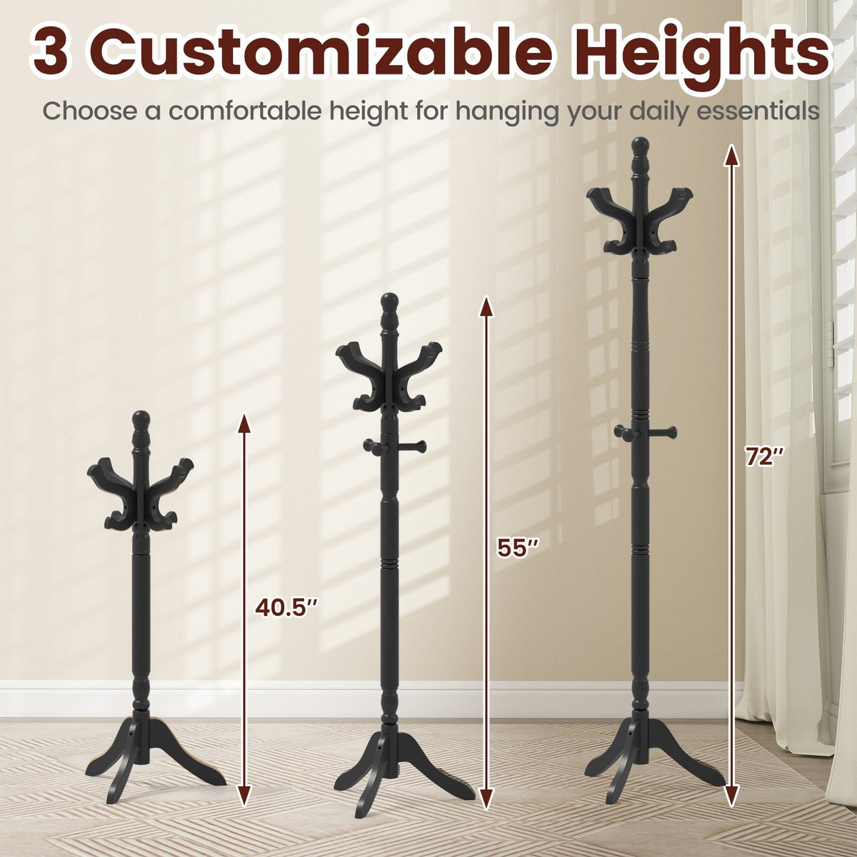 Solid Wood Hall Tree with 11 Hooks and 3 Height Options for Entryway-Black view 7