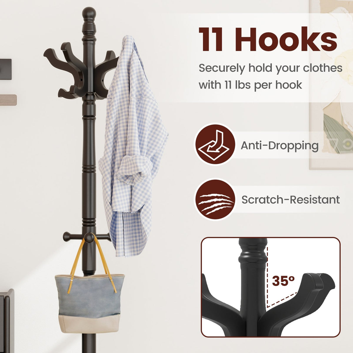 Solid Wood Hall Tree with 11 Hooks and 3 Height Options for Entryway-Black view 8