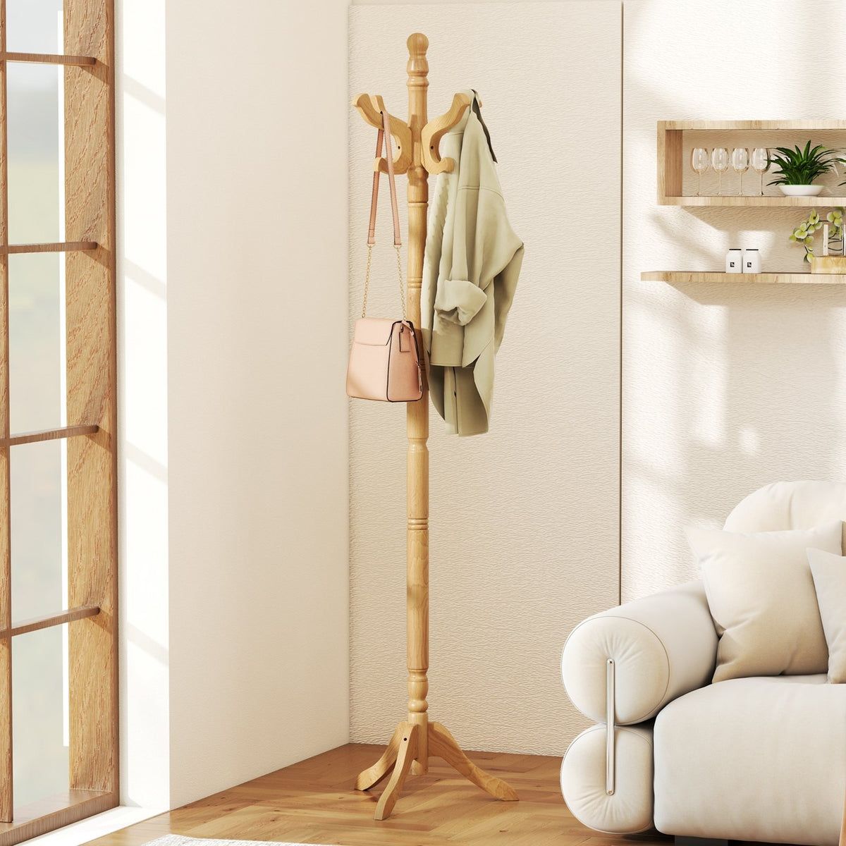 Solid Wood Hall Tree with 11 Hooks and 3 Height Options for Entryway-Natural view 3
