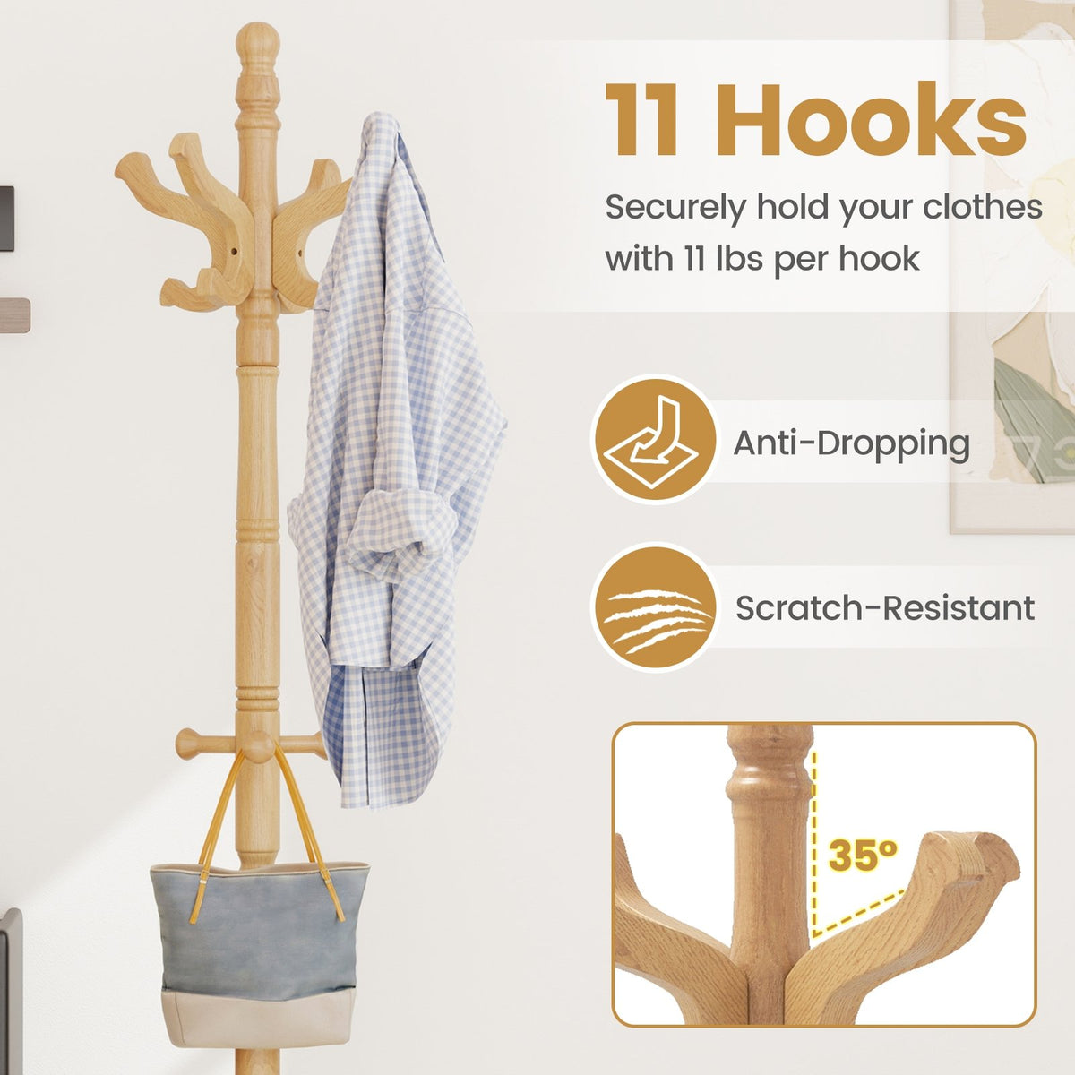Solid Wood Hall Tree with 11 Hooks and 3 Height Options for Entryway-Natural view 7