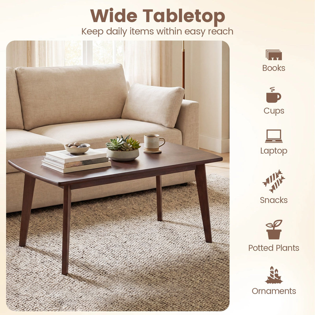 Solid Wood Modern Coffee Table with Tapered Legs-Walnut view 7
