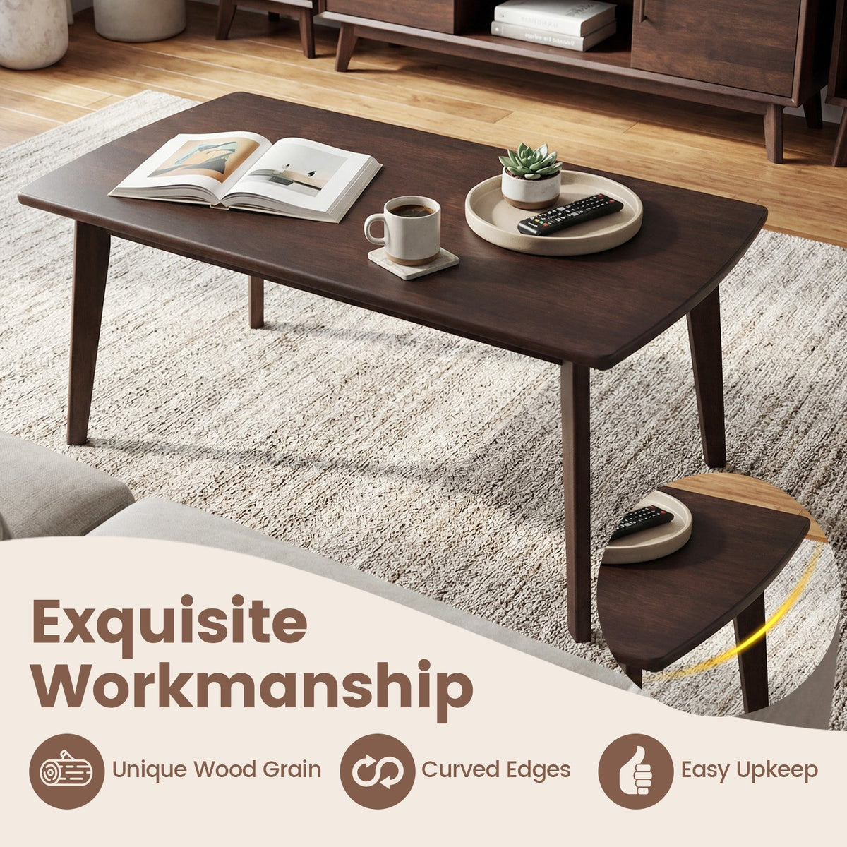 Solid Wood Modern Coffee Table with Tapered Legs-Walnut view 8