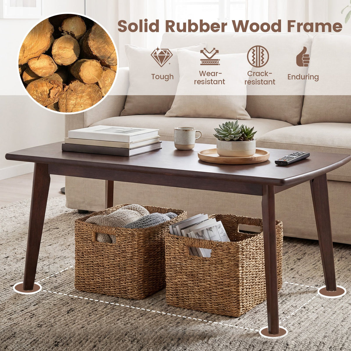 Solid Wood Modern Coffee Table with Tapered Legs-Walnut view 9