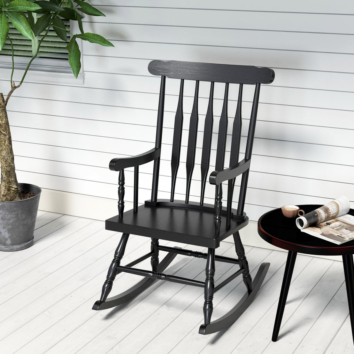 Outdoor Rocking Chair with Slatted Backrest-Black view 3