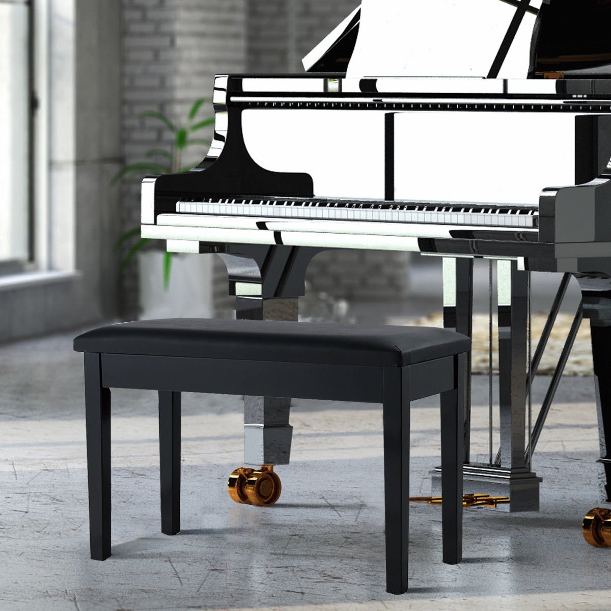 Solid Wood PU Leather Padded Piano Bench Keyboard Seat-Black view 2