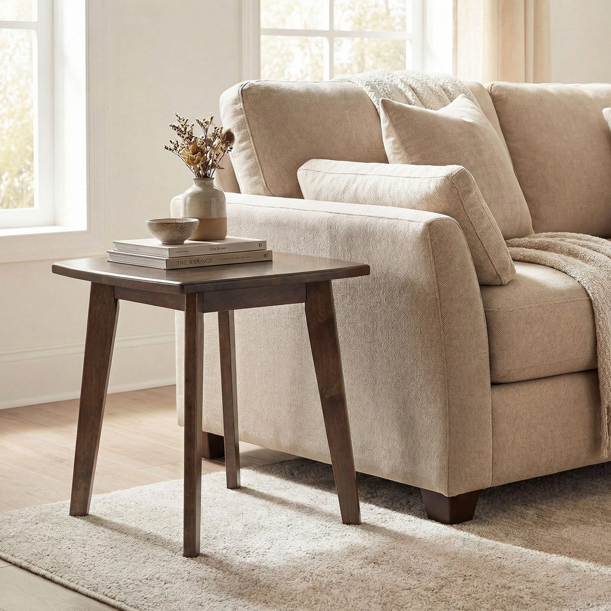 Solid Wood Side Table Square End Table with Thickened Top and Curved Edge-Walnut view 2
