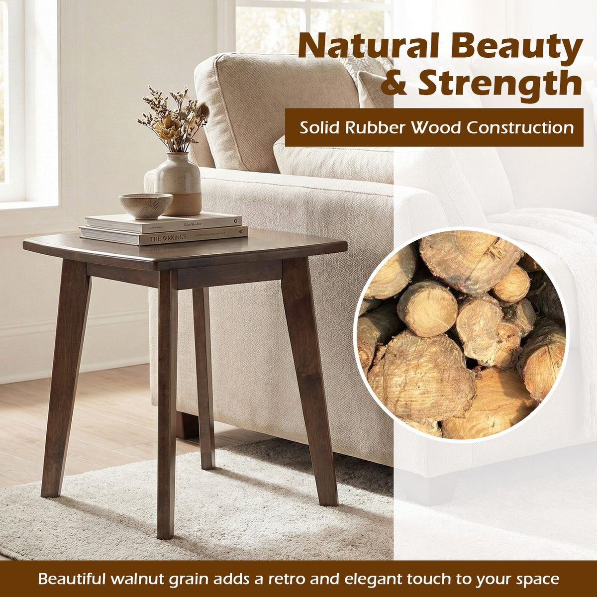 Solid Wood Side Table Square End Table with Thickened Top and Curved Edge-Walnut view 8