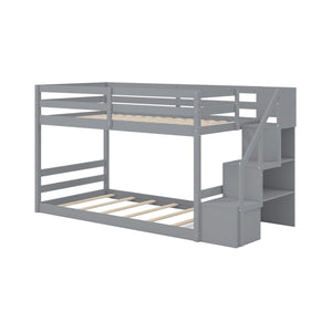 Solid Wood Twin Over Full Low Bunk Bed with Storage Stairs-Grey
