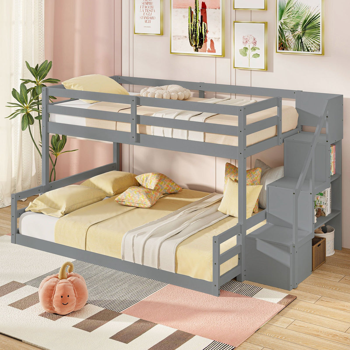 Solid Wood Twin Over Full Low Bunk Bed with Storage Stairs-Grey view 2