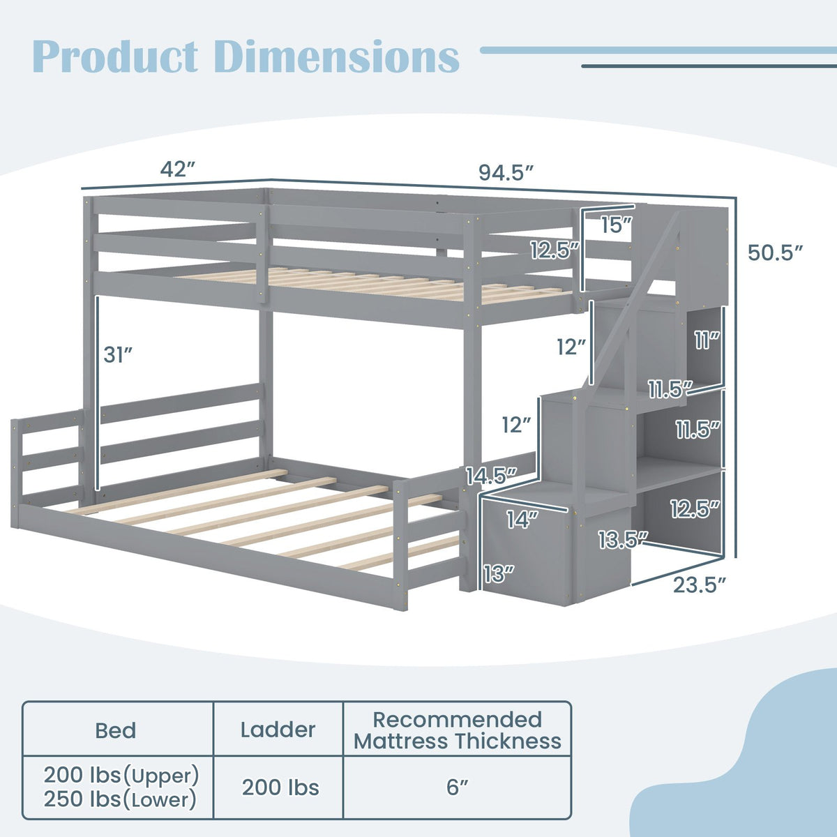 Solid Wood Twin Over Full Low Bunk Bed with Storage Stairs-Grey view 5