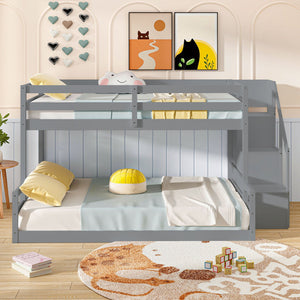 Solid Wood Twin Over Full Low Bunk Bed with Storage Stairs-Grey view 6