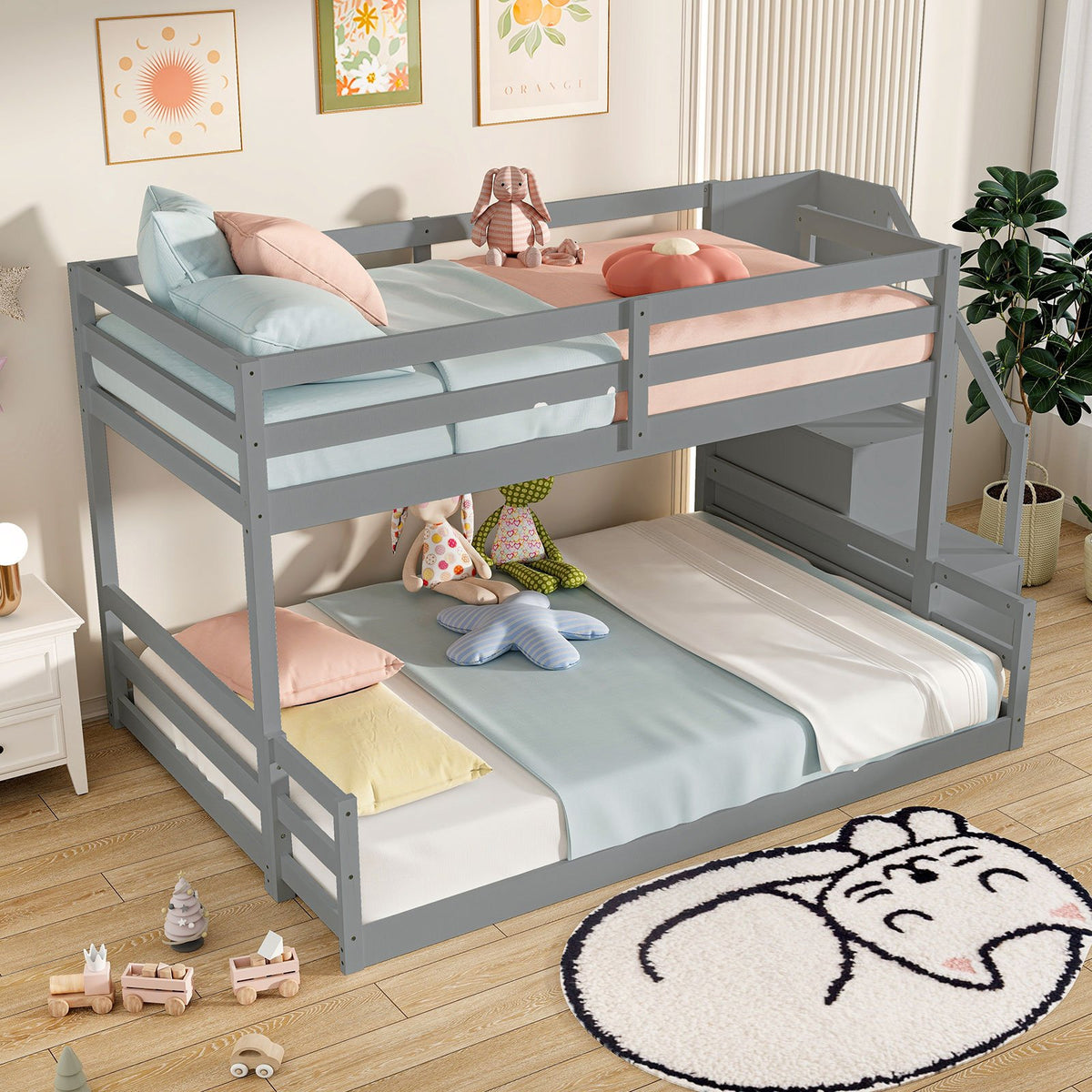 Solid Wood Twin Over Full Low Bunk Bed with Storage Stairs-Grey view 7