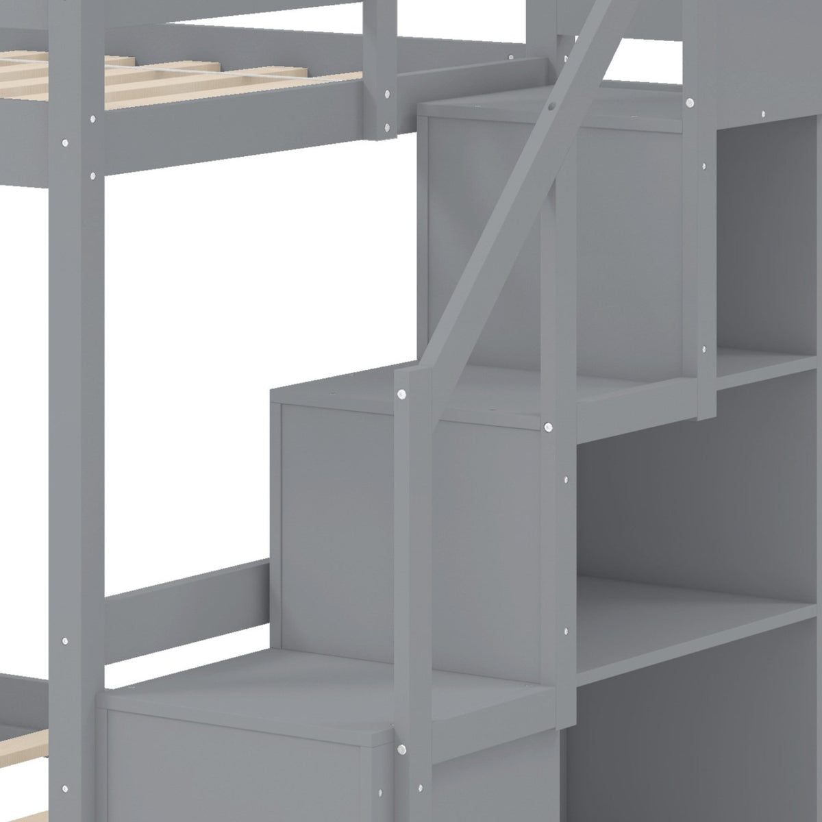 Solid Wood Twin Over Full Low Bunk Bed with Storage Stairs-Grey view 8