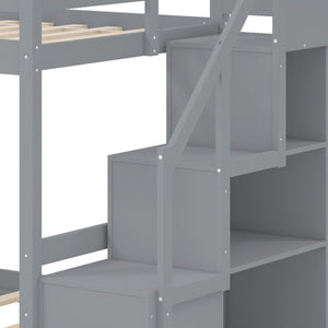 Solid Wood Twin Over Full Low Bunk Bed with Storage Stairs-Grey view 8