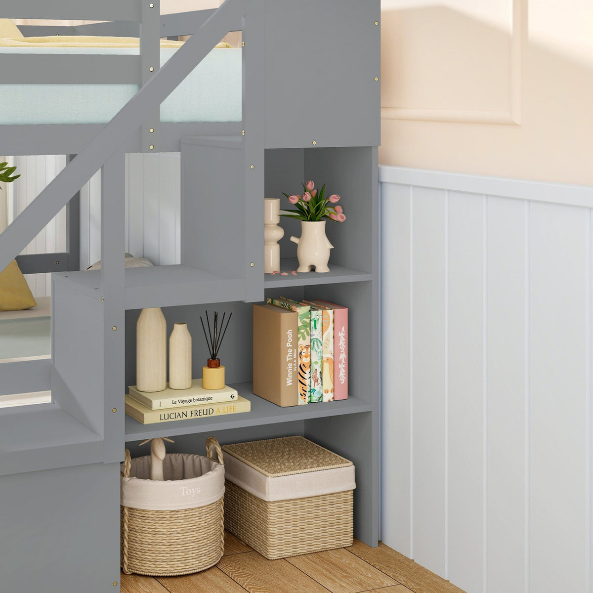 Solid Wood Twin Over Full Low Bunk Bed with Storage Stairs-Grey view 9