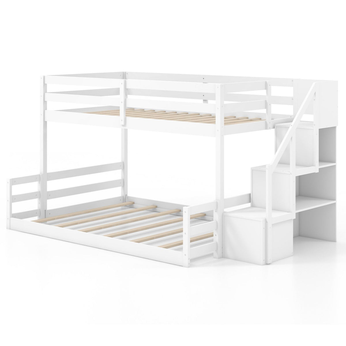 Solid Wood Twin Over Full Low Bunk Bed with Storage Stairs-White