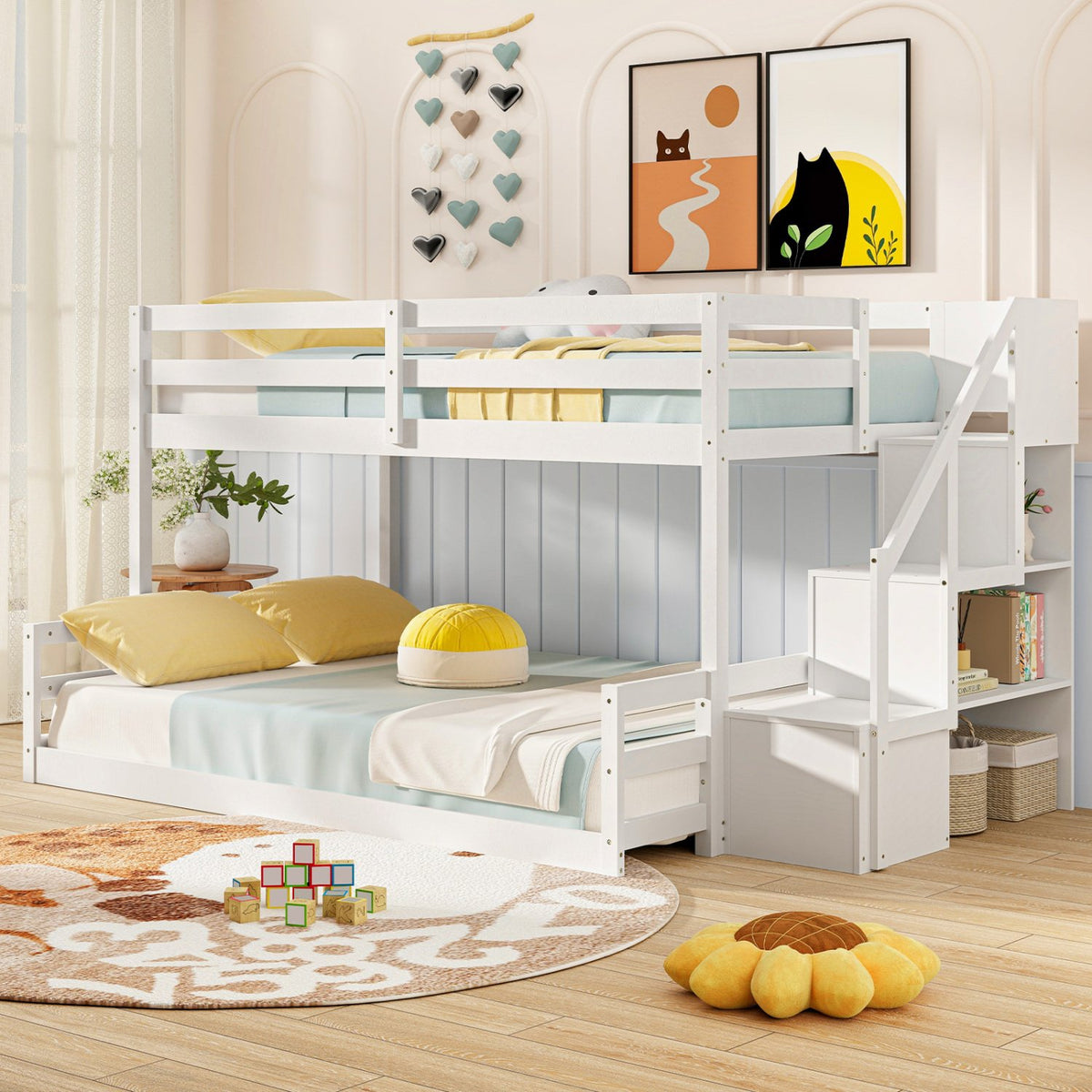 Solid Wood Twin Over Full Low Bunk Bed with Storage Stairs-White view 2