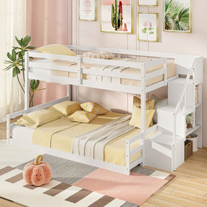 Solid Wood Twin Over Full Low Bunk Bed with Storage Stairs-White view 3