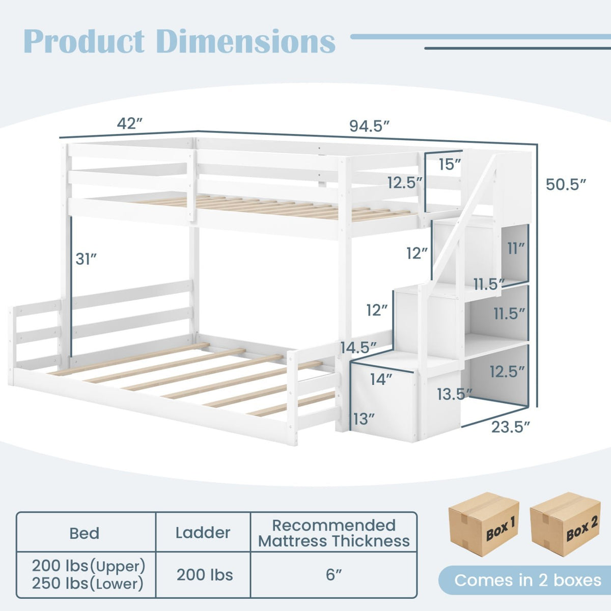 Solid Wood Twin Over Full Low Bunk Bed with Storage Stairs-White view 4