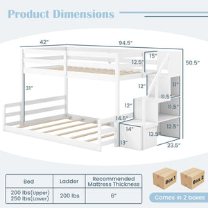 Solid Wood Twin Over Full Low Bunk Bed with Storage Stairs-White view 4