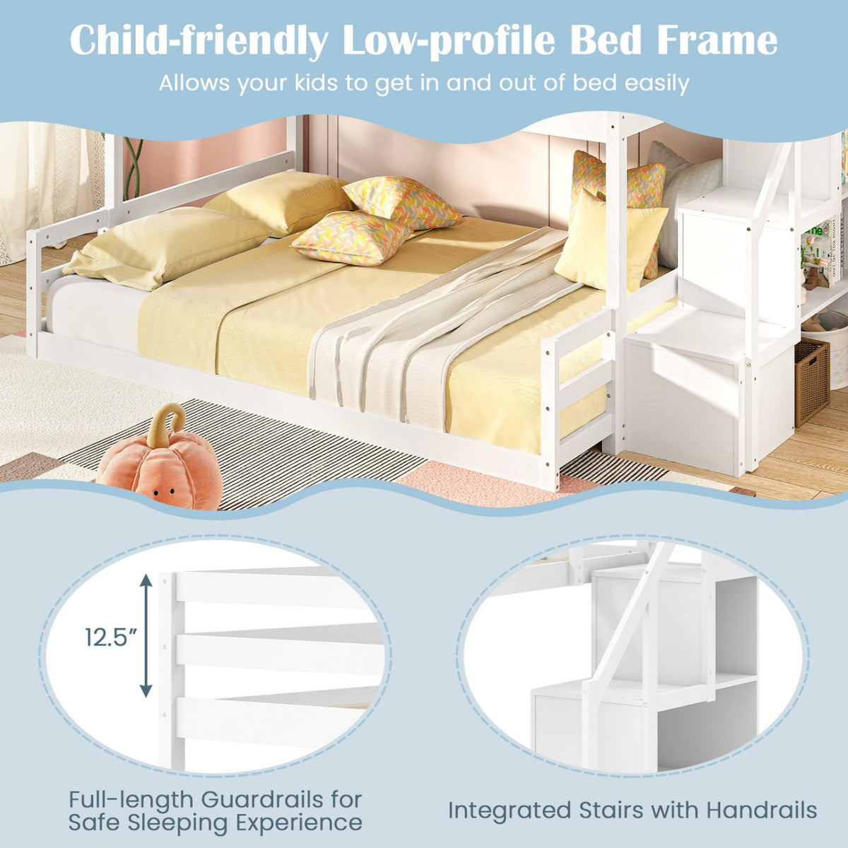 Solid Wood Twin Over Full Low Bunk Bed with Storage Stairs-White view 5
