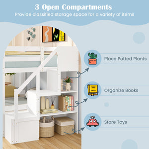 Solid Wood Twin Over Full Low Bunk Bed with Storage Stairs-White view 6