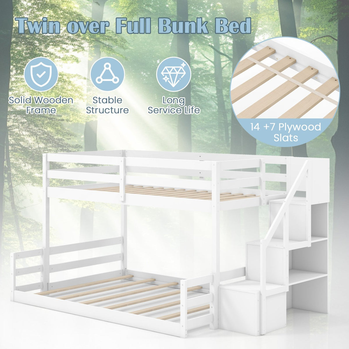 Solid Wood Twin Over Full Low Bunk Bed with Storage Stairs-White view 7