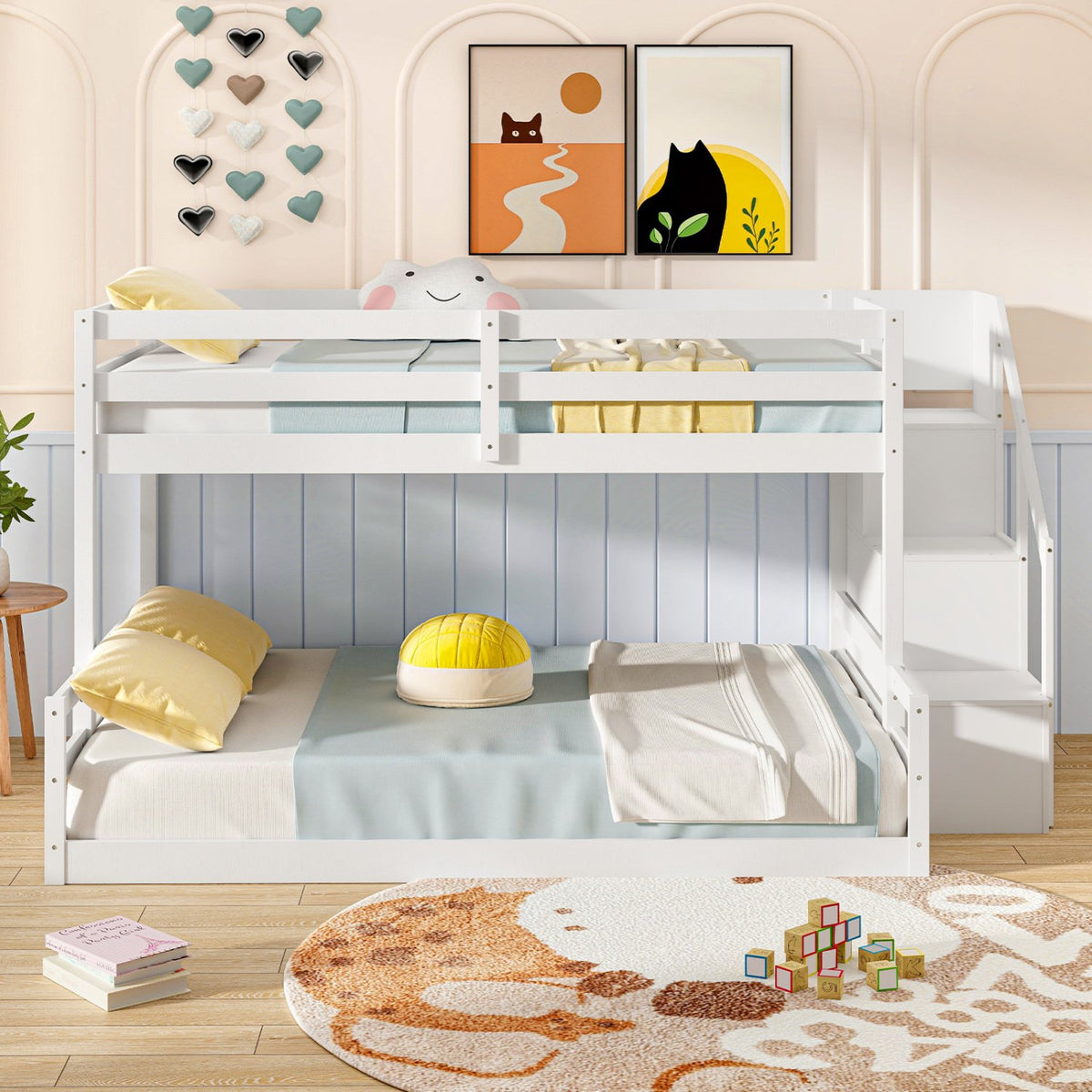 Solid Wood Twin Over Full Low Bunk Bed with Storage Stairs-White view 9