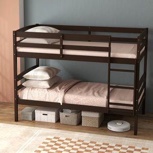 Solid Wood Twin Over Twin Bunk Bed Frame with High Guardrails and Integrated Ladder-Espresso view 2
