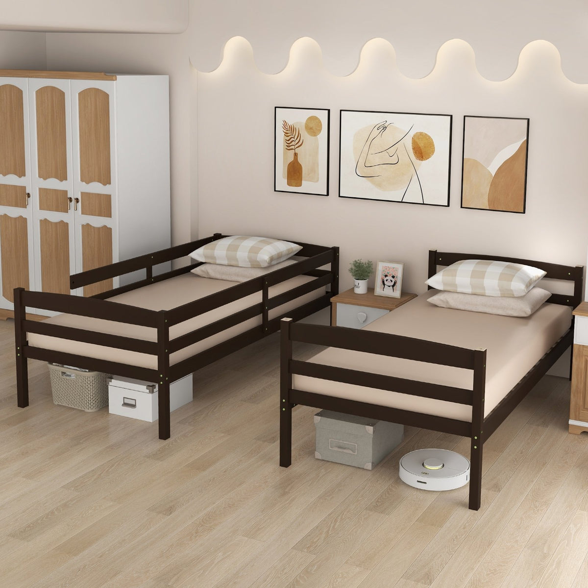 Solid Wood Twin Over Twin Bunk Bed Frame with High Guardrails and Integrated Ladder-Espresso view 3