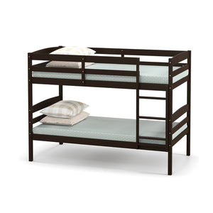 Solid Wood Twin Over Twin Bunk Bed Frame with High Guardrails and Integrated Ladder-Espresso view 4