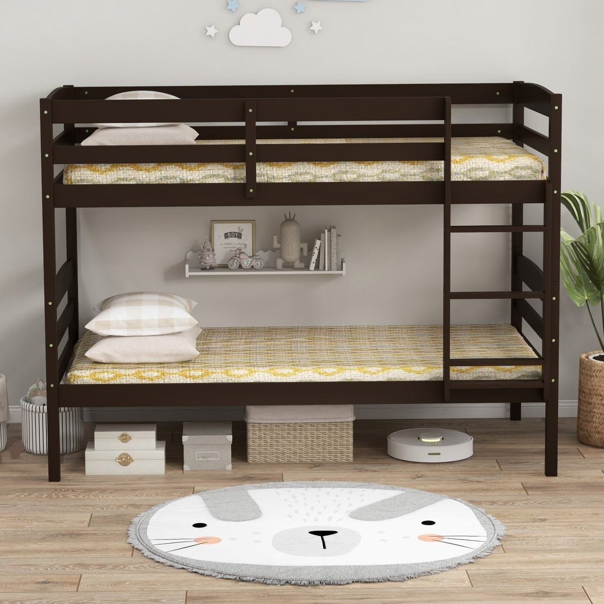 Solid Wood Twin Over Twin Bunk Bed Frame with High Guardrails and Integrated Ladder-Espresso view 6