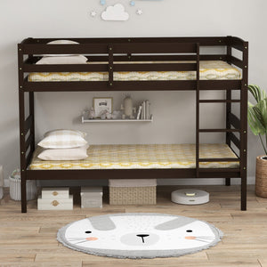 Solid Wood Twin Over Twin Bunk Bed Frame with High Guardrails and Integrated Ladder-Espresso view 6