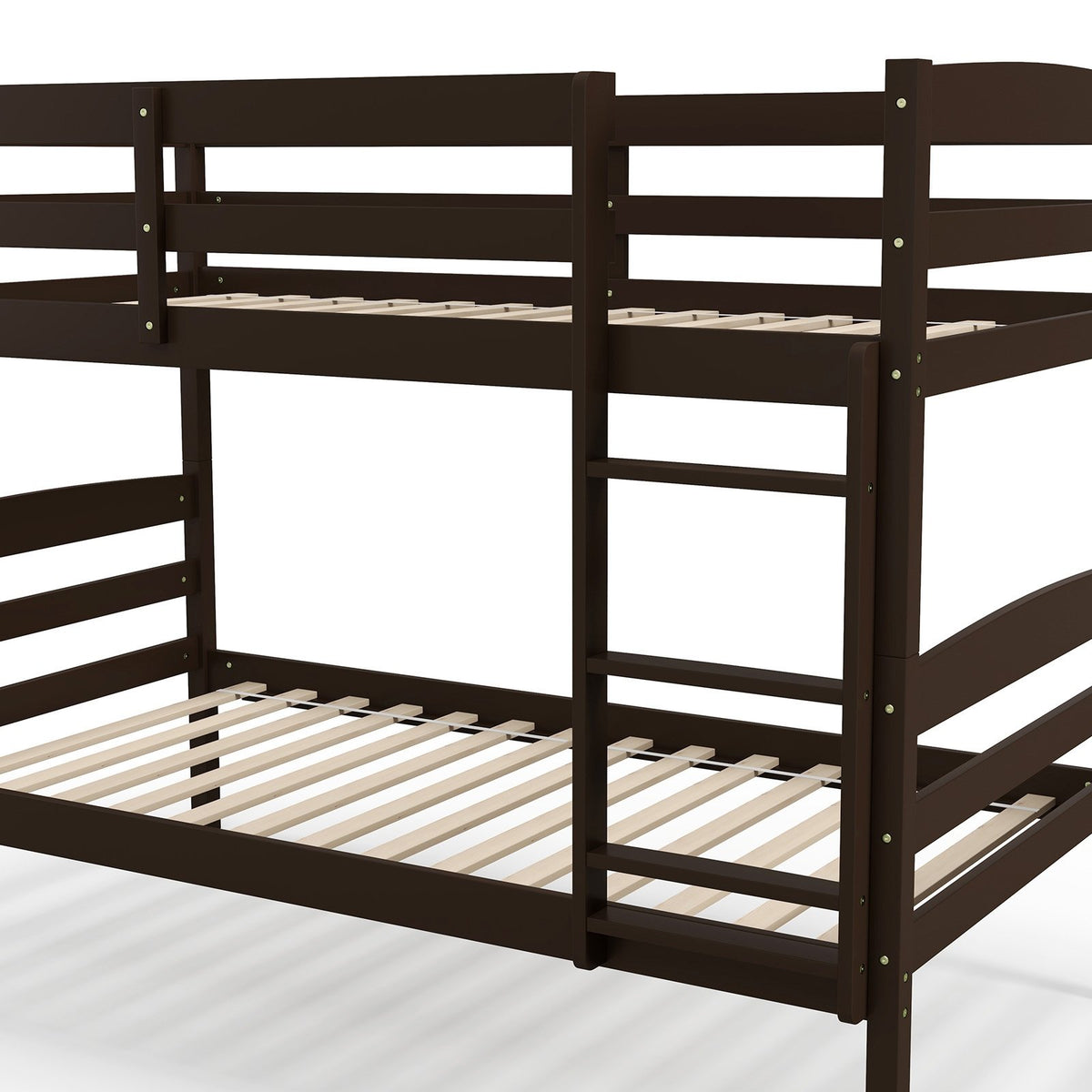Solid Wood Twin Over Twin Bunk Bed Frame with High Guardrails and Integrated Ladder-Espresso view 8
