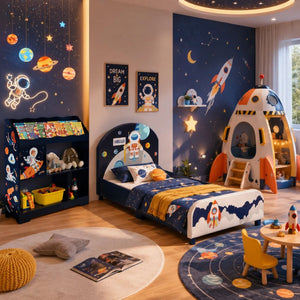 Space Astronaut Theme Kids Upholstered Platform Bed with Toy Storage Organizer