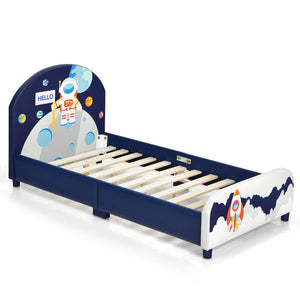 Space Astronaut Theme Kids Upholstered Platform Bed with Toy Storage Organizer view 2
