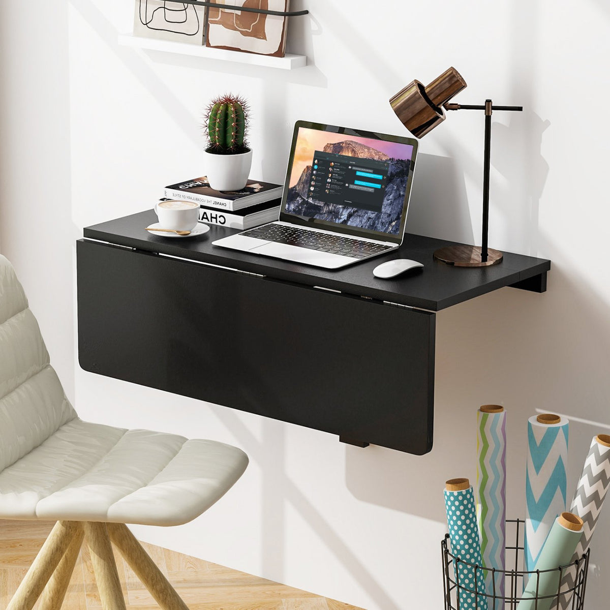 Space Saver Folding Wall-Mounted Drop-Leaf Table-Black view 2