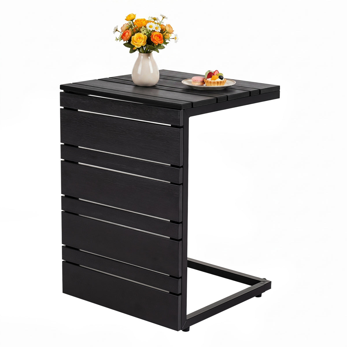 Space-Saving C-Shaped Side Table with Wood-Plastic Top for Indoor Outdoor-Black view 4