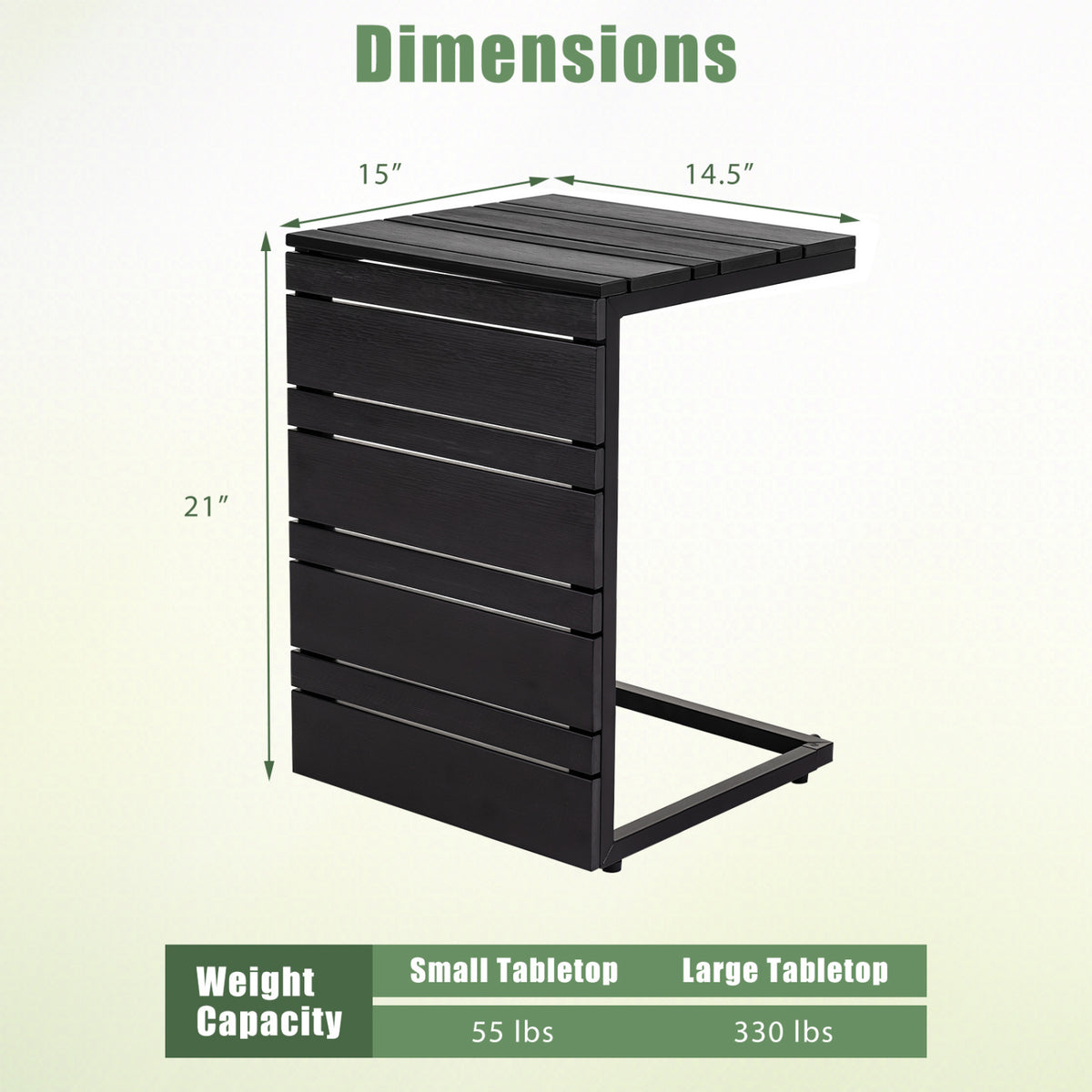 Space-Saving C-Shaped Side Table with Wood-Plastic Top for Indoor Outdoor-Black view 5