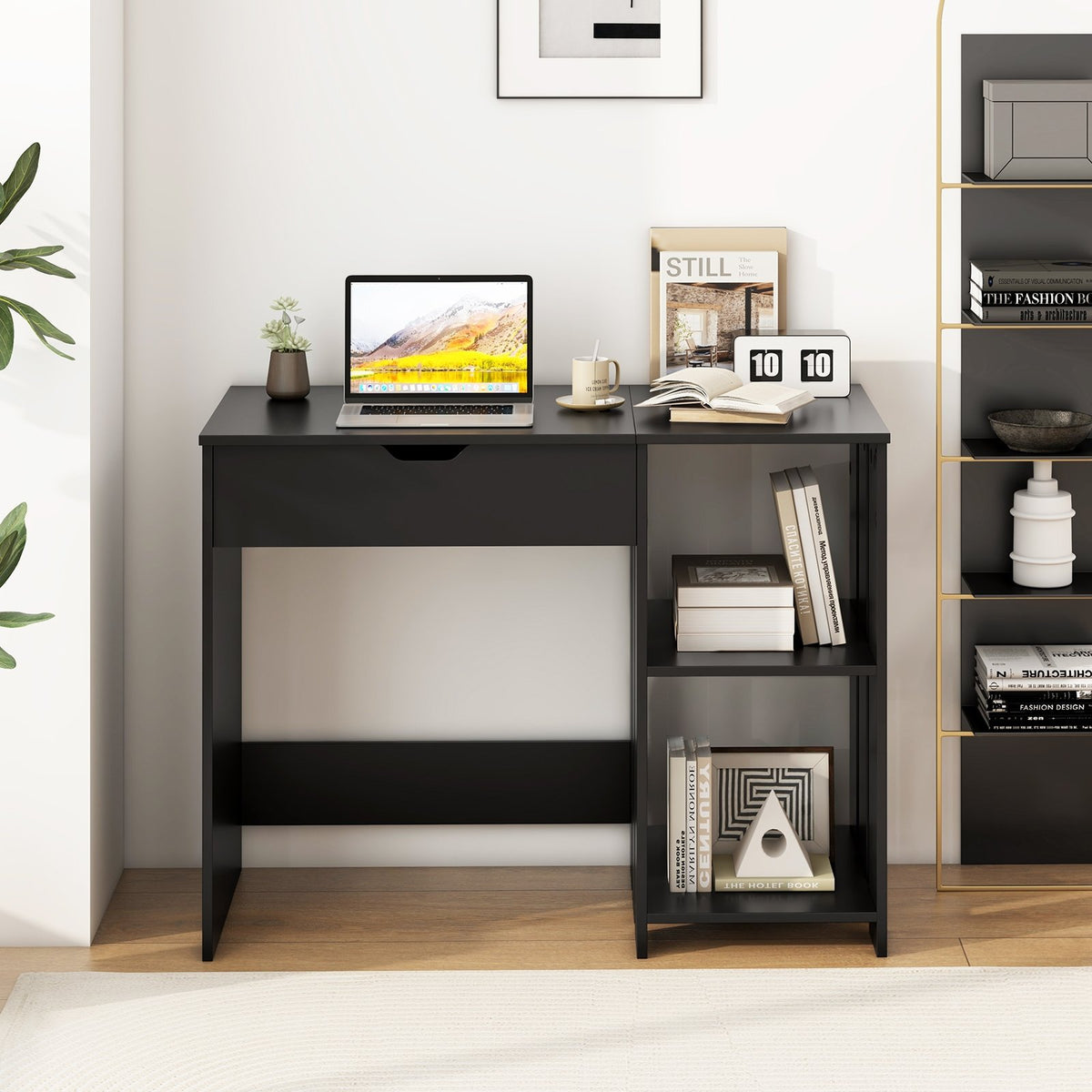 Space Saving Computer Desk with Hidden Compartment and Open Storage Shelves-Black view 2