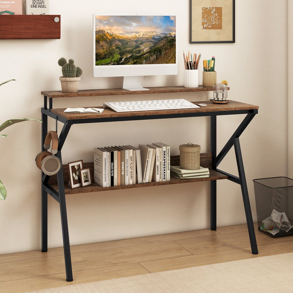 Space Saving Computer Desk with Monitor Stand and Extra Storage Shelf for Work Study-Rustic Brown view 2